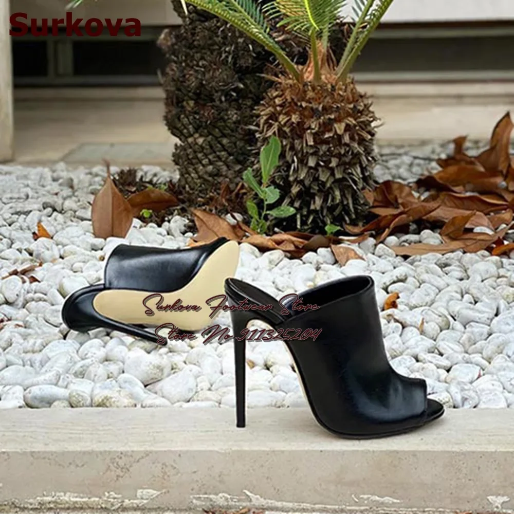 Surkova Black Matte Thin High Heel Modern Slippers Round Open Toe Stiletto Heel Dress Pumps Slip-On Open Heel Sandals