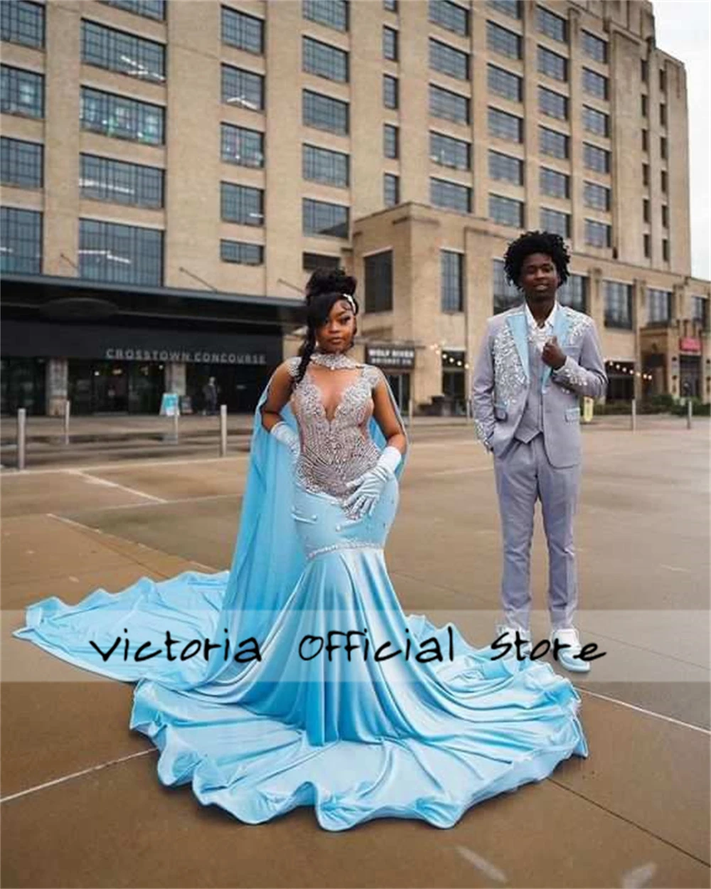 Exquisite Blue Long Mermaid Prom Dresses Silvery Crystal Beading African Wedding Gown With Cape Gloves Birthday Customized