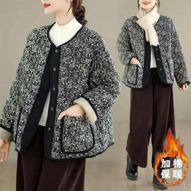 

Хлопковая куртка с цветочным принтом в стиле ретро, лоскутная куртка с круглым вырезом, зимнее, простое и повседневное, толстое, теплое пальто, однобортный весенний топ w1500