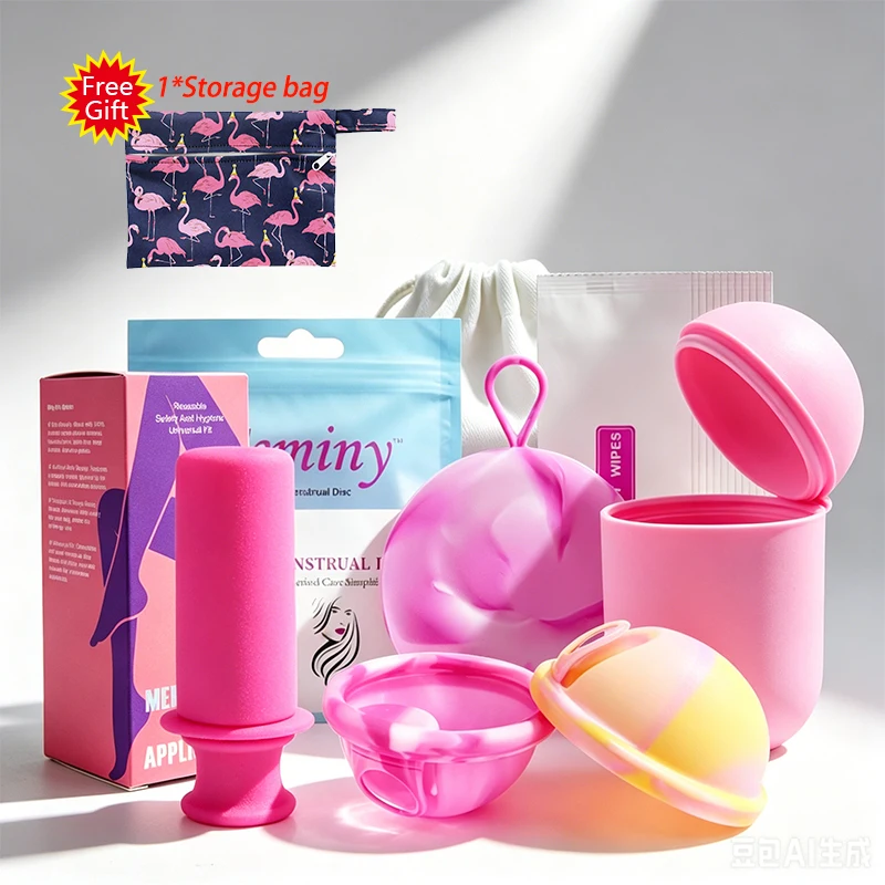 Feminy Menstrual Disc Kit Medical Grade Reusable Soft Silicone Period Disc with Sterilizer Case Applicator Leakproof Monthly Cup