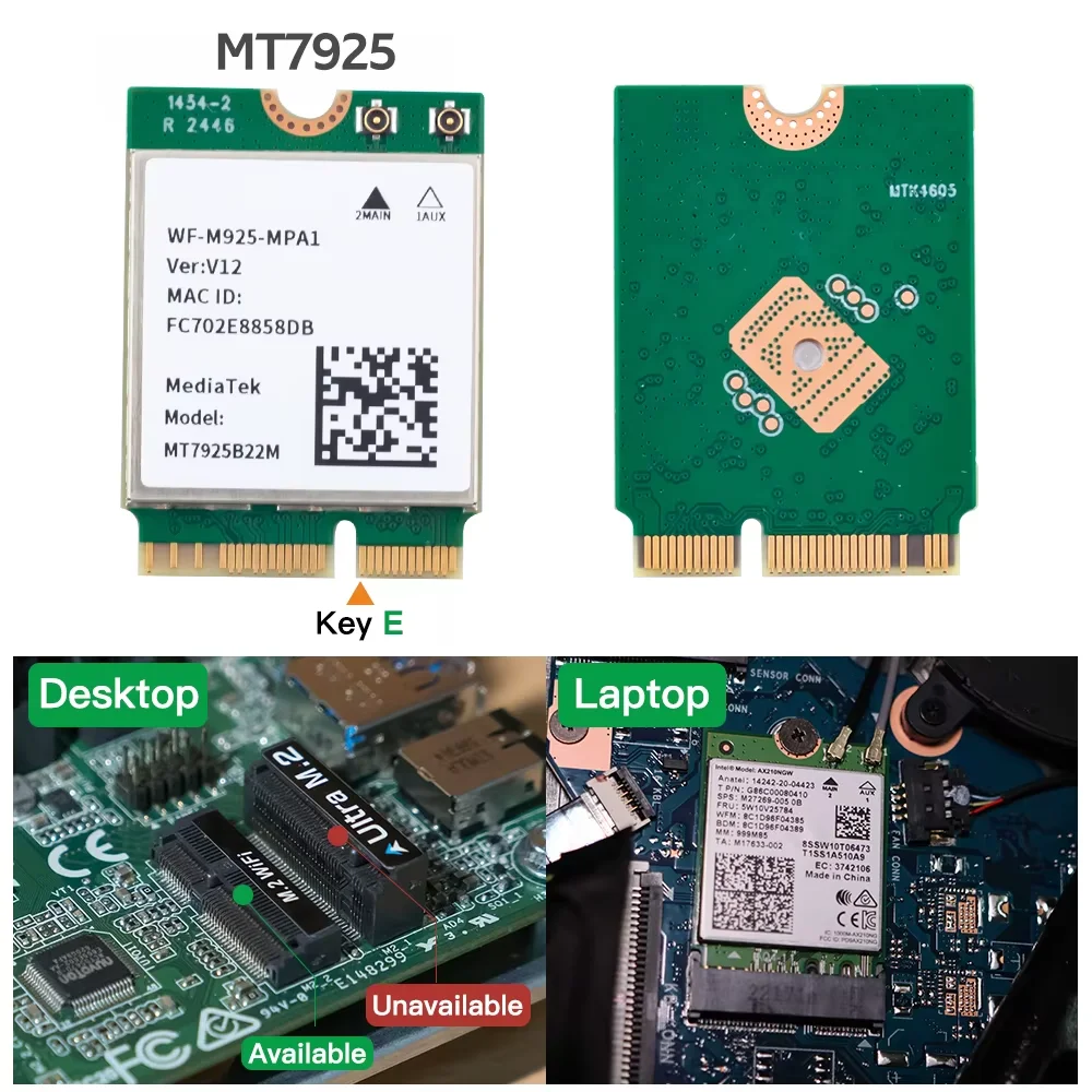MT7925 WiFi 7 Scheda di rete 5400Mbps per Bluetooth 5.3 Tri Band 2.4G 5Ghz 6GHz M.2 NGFF Adattatore wireless per Win 10 Win 11