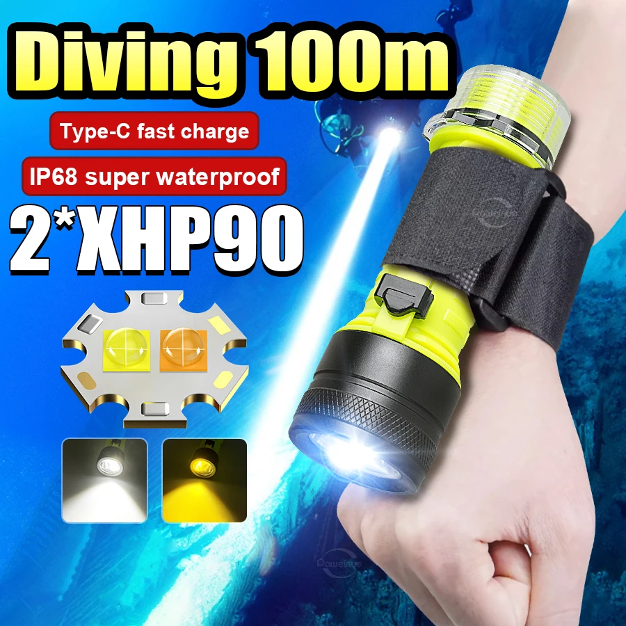 

XHP90 Diving 100m Underwater Lantern White/Yellow Light Scuba Torch Rechargeable Professional Diving Flashlight Super Waterproof