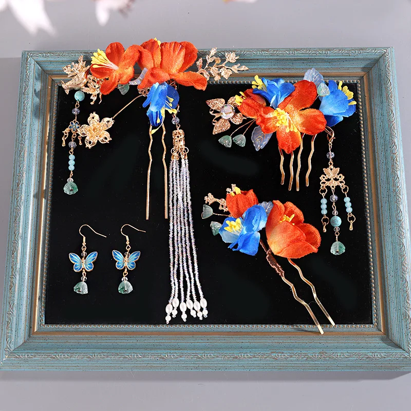 

Chinese Style Hairpin Earring Set Side Clips Floral Fringe Jewelry for Women Pearls Chain Pendant Hairclips Girls Hair Jewelry