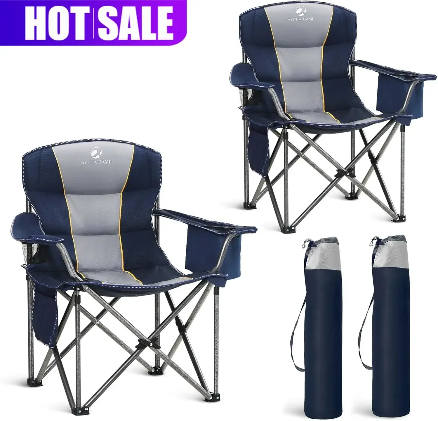 Oversized Folding Camping Chair Heavy Duty Padded Outdoor Chair With Cup Holder Storage Cooler Bag 450 LBS Weight Capacity Thick