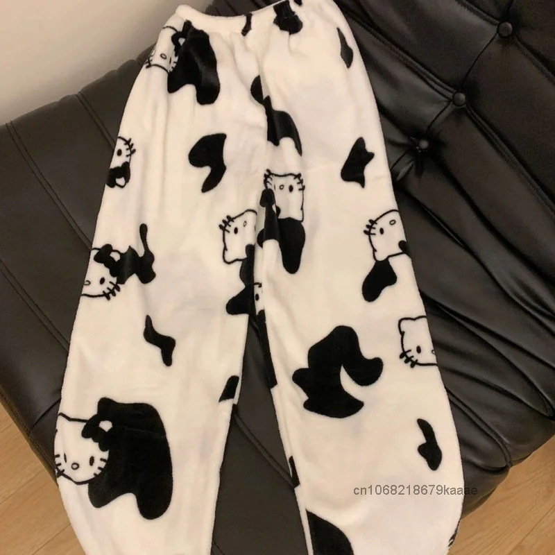 Hello Kitty Cute Cartoon Print Flannel Trousers Women New Casual Fashion Home Pants Autumn Winter Thick Warm Loose Pajama Pants