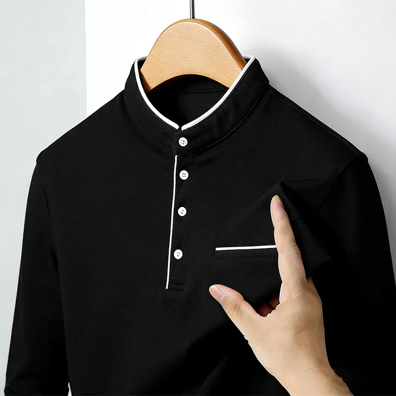 Men's Casual Mandarin Collar Long Sleeve Polo Shirt Half Button Breathable Slim Fit Office Top