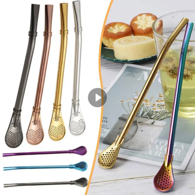 Filtro de té reutilizable de acero inoxidable, cuchara de pajita 2 en 1, Utensilios prácticos para Bar de bebidas, Yerba Mate, 1 unidad