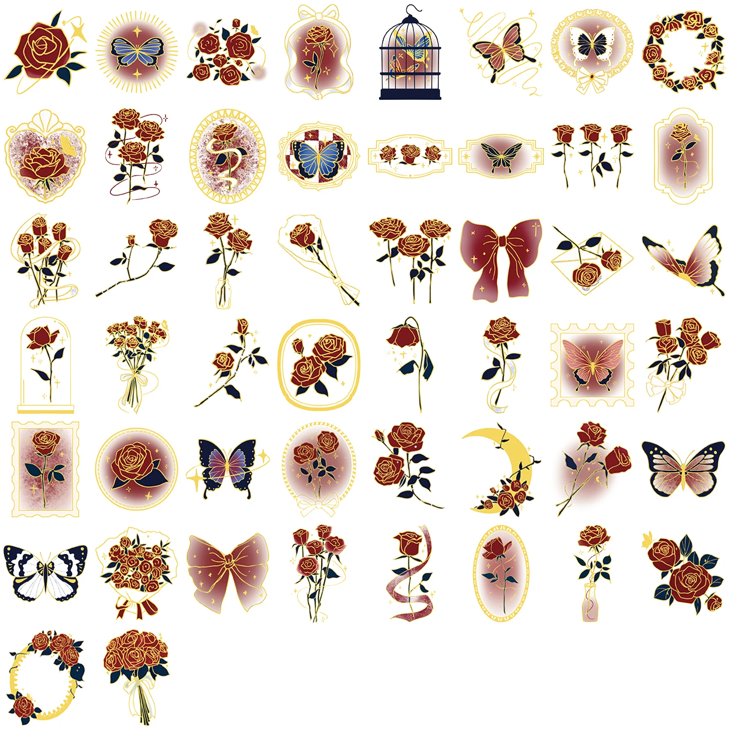 สติกเกอร์ตกแต่งโน้ตบุ๊กลายดอกกุหลาบวินเทจ 50 ชิ้น ปั๊มฟอยล์ร้อน ใส กันน้ำ สำหรับตกแต่งแล็ปท็อป โทรศัพท์มือถือ และกระเป๋าเดินทาง