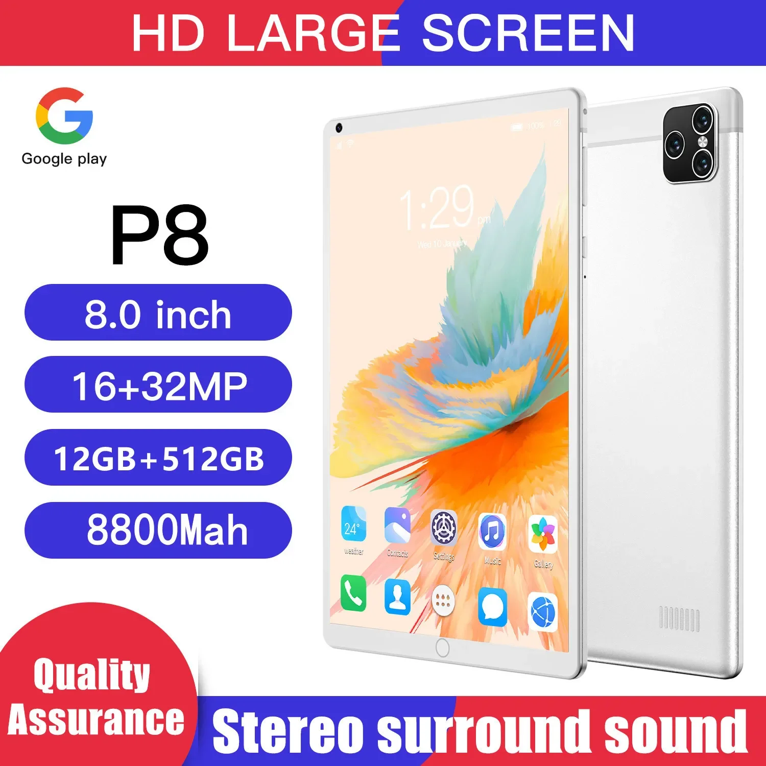 Tableta Android P8 de 2023 pulgadas, dispositivo con Android 12, Bluetooth, 12GB, 8,1 GB, Deca Core, 16 + 32MP, WPS + 5G, WIFI, novedad de 512