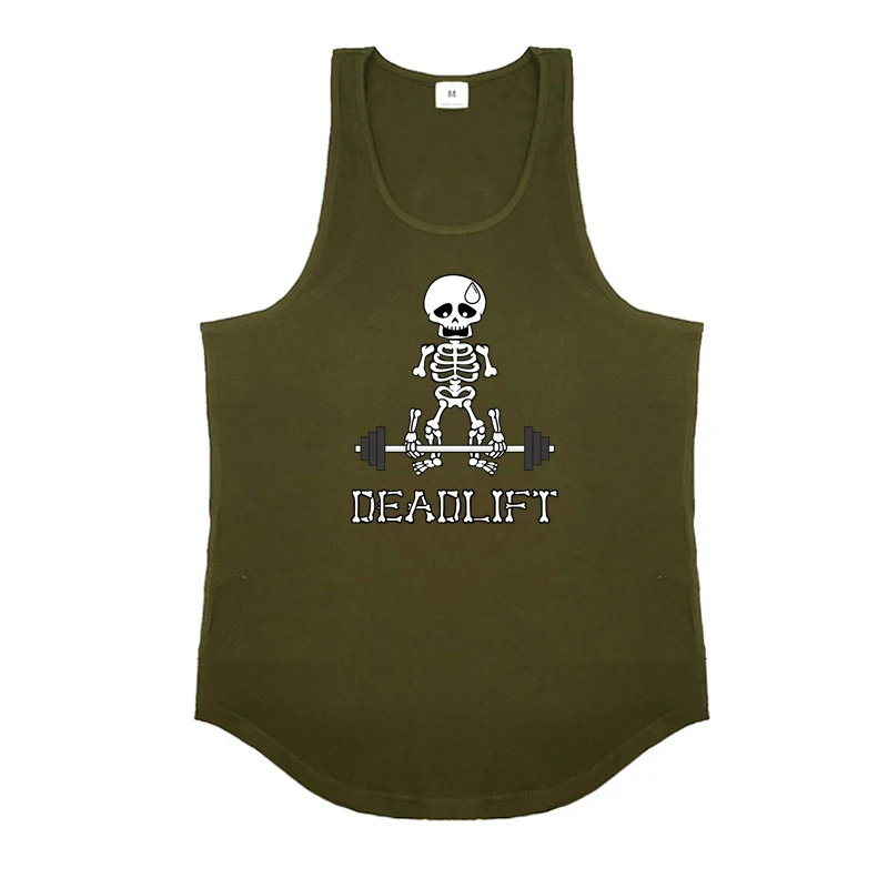 Human Skeleton Deadlift Barbell Print Mens Sport Tank Tops Summer Cotton Sleeveless Shirts Gym Fitness Bodybuilding Muscle Vests