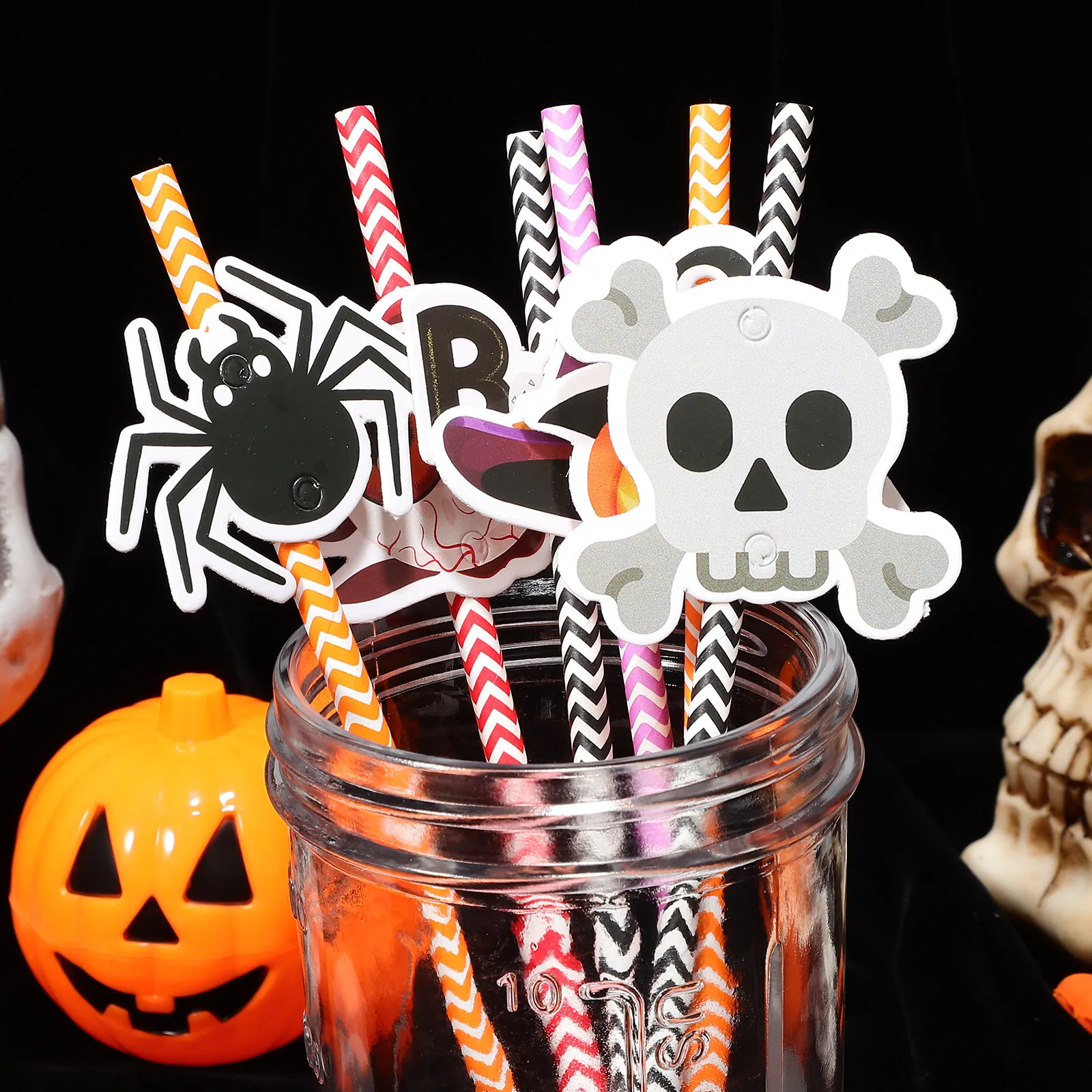6Packs Halloween Paper Straws Colorful Stripe Printing Spooky Pumpkin Letter Decorations Party Use Drinking Straws