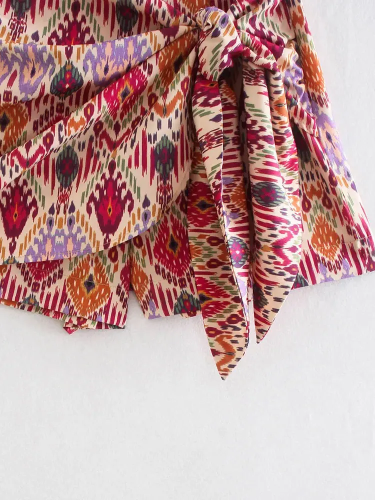 Women Fashion With Knotted Totem Print Shorts Skirts Vintage High Waist Side Zipper Female Skirts Mujer