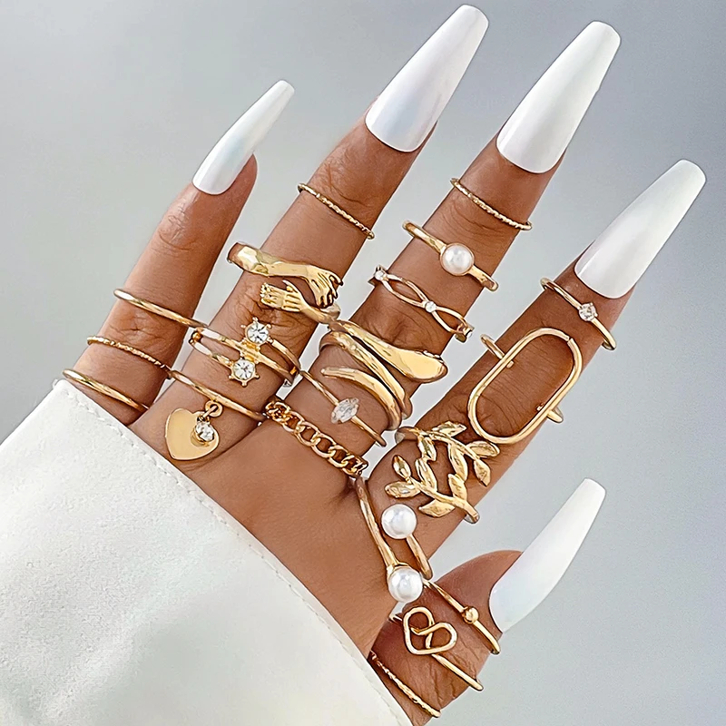 Tocona INS Luxury Arm Wrap Pearl Finger Rings for Women Girl Simple Leaf Gold Color Party Alloy Metal Rings Set Anillos 25047