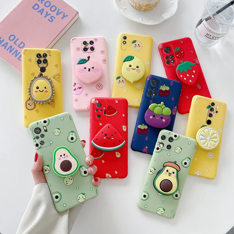 3D Silicone Fruit Phone Holder Case On For Xiaomi Redmi Note 10 Pro Note 11 8 9 Pro Max 9S 10S 8T 7 Redmi 9 9C 9A 9T Stand Cover