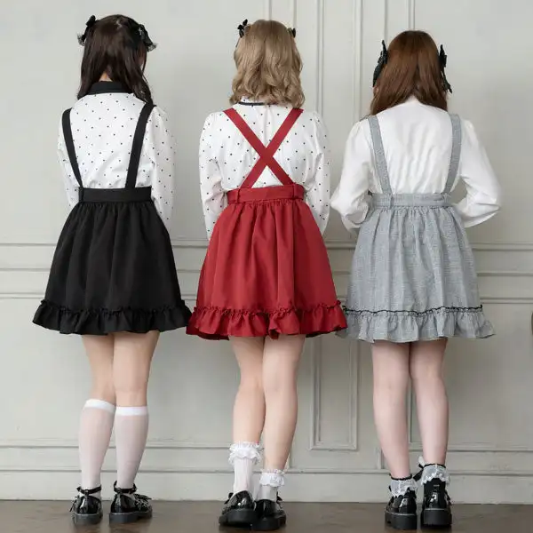 Japanese Lolita Woman Dearmylove Short Suspender Skirt Student 2023 Spring Sweet Solid Color Elastic Waist Ruffles Skirts Women