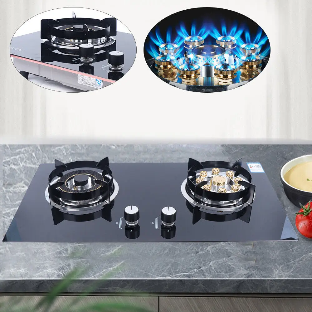 

Natural Gas Cooktop Stove Top 2 Burners Built-in Kitchen Cooker Tempered Glass Black 730*410mm