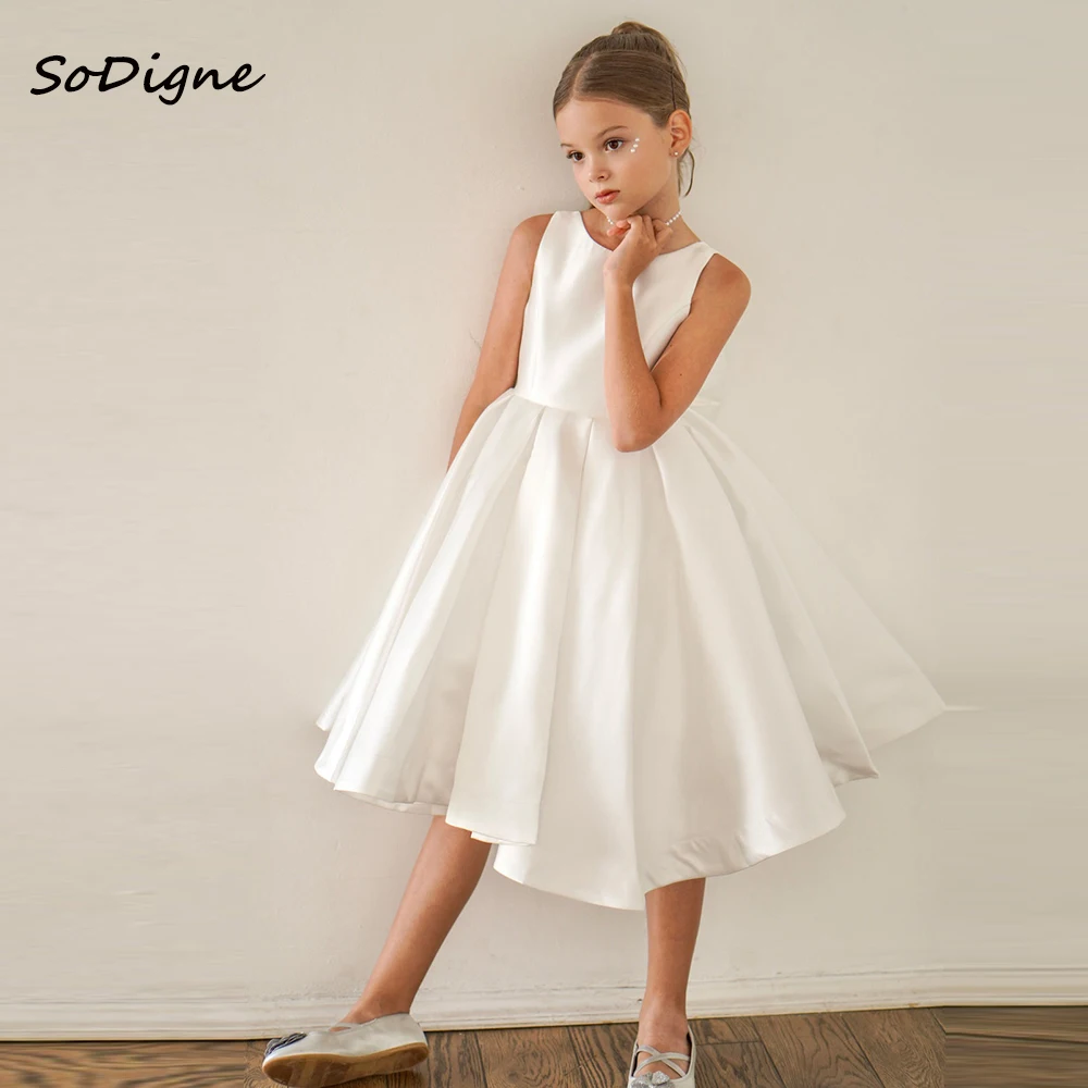 SoDigne A-line Satin Simple Flower Girl Gowns Sleeveless O-neck 2025 Long Girl Birthday Party Dresses with Bow Customized