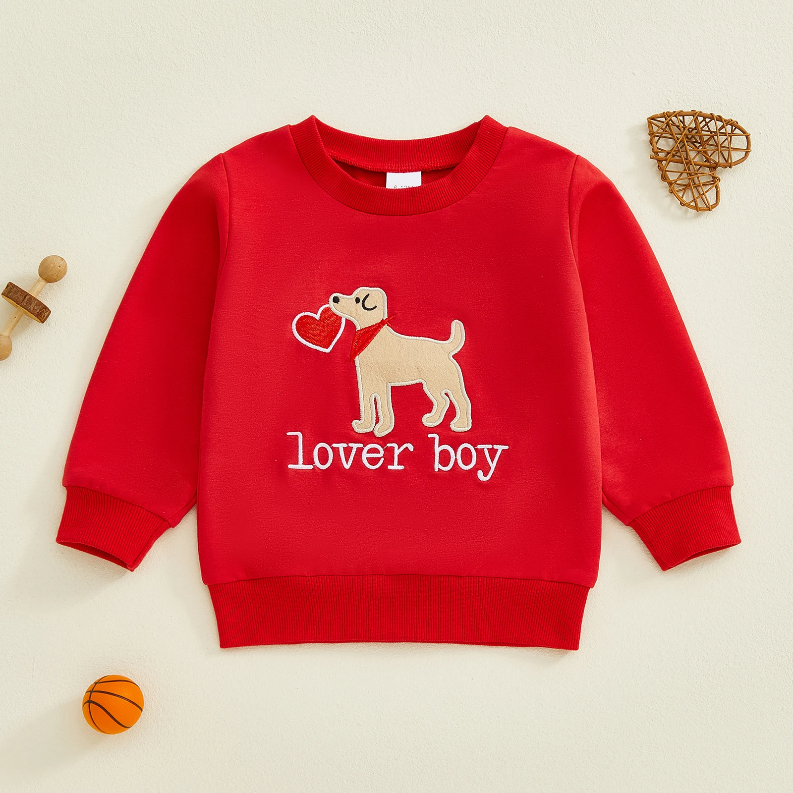 سترة عيد الحب للأولاد الرضع مع تطريز على شكل قلب وكلب، بلوفر برقبة دائرية وأكمام طويلة لملابس الربيع