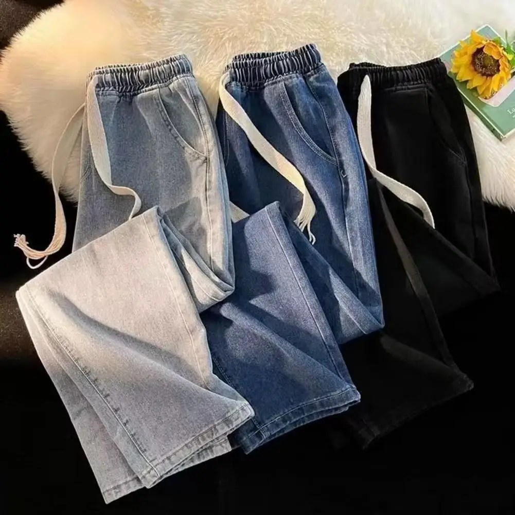 Men Denim Trousers Solid Color Elastic Waist Pockets Casual Jeans Adjustable Drawstring Wide Leg Loose Trousers Men's Clothing