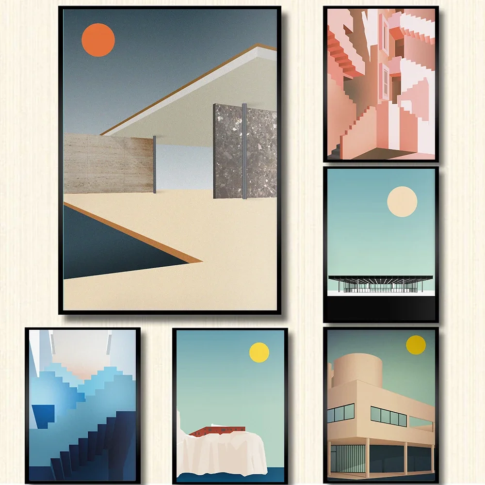 1 pieza de arte de pared minimalista moderno en lienzo sin marco, gráfico de arquitectura del Pabellón de Barcelona, ​​póster impreso en lienzo HD, decoración del hogar