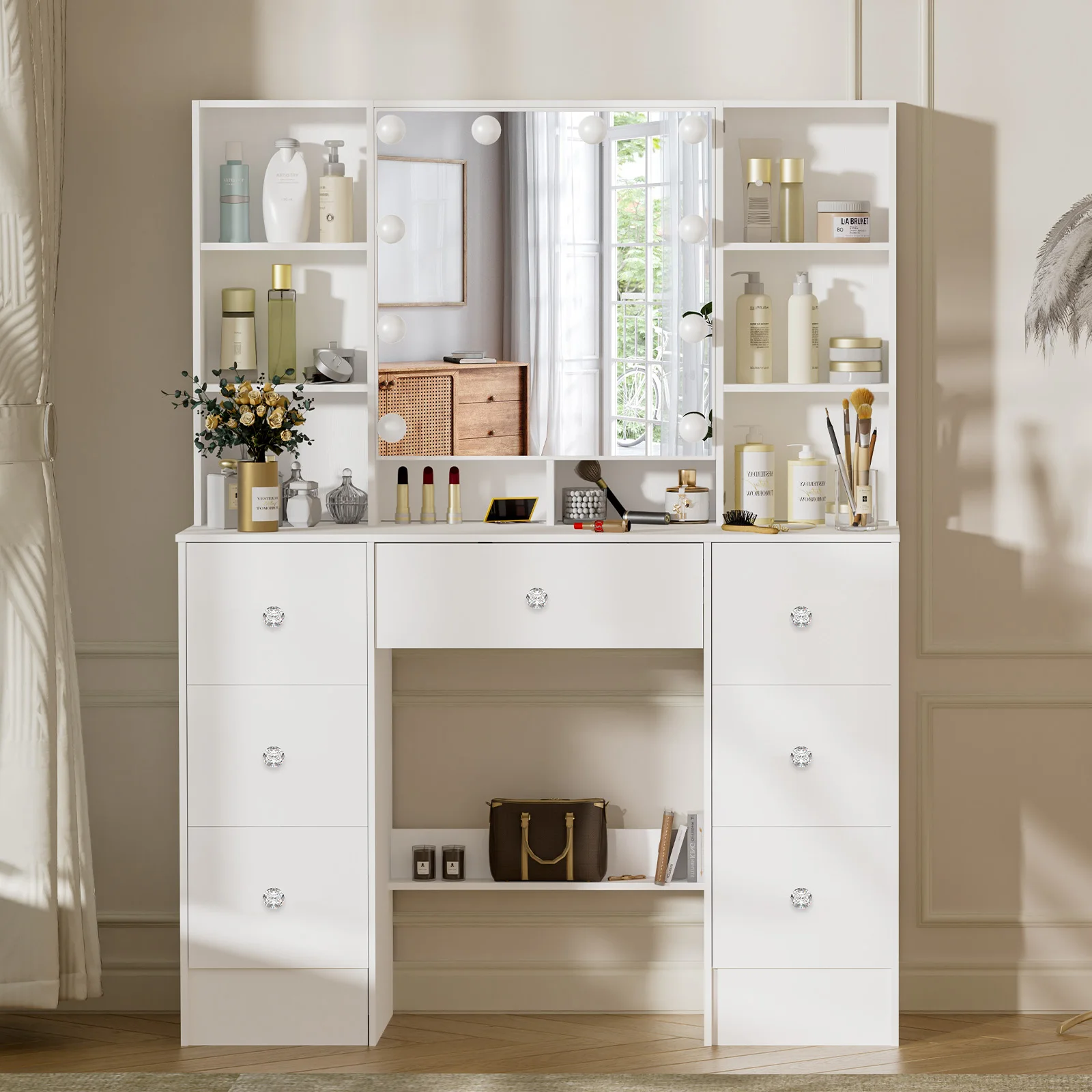 Teousev 7-laden kaptafel met 10 dimbare LED-lampjes, grote HD-spiegel, moderne make-uptafel met opbergruimte voor de slaapkamer