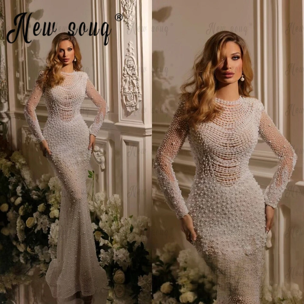 Dubai Luxury Pearls Wedding Dress O Neck Long Sleeves Beading Bridal Gowns Mermaid  Zipper Back Wedding Gowns 2023