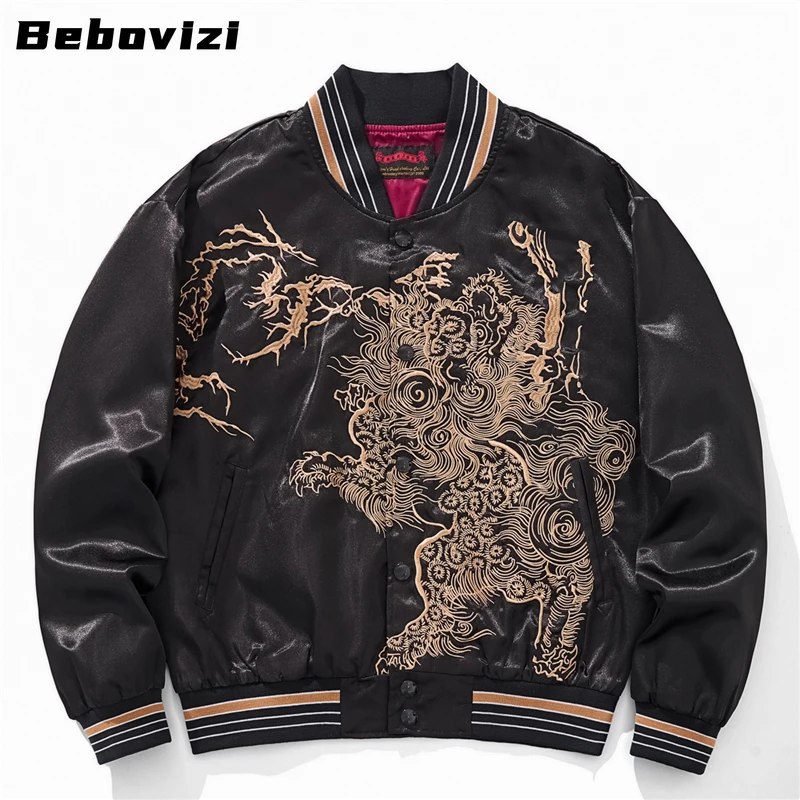 

2025 Chinese Mythical Beasts Embroidery Black Japanese Style Coat Streetwear Vintage Fall Outerwear Men's Baseball Jacket