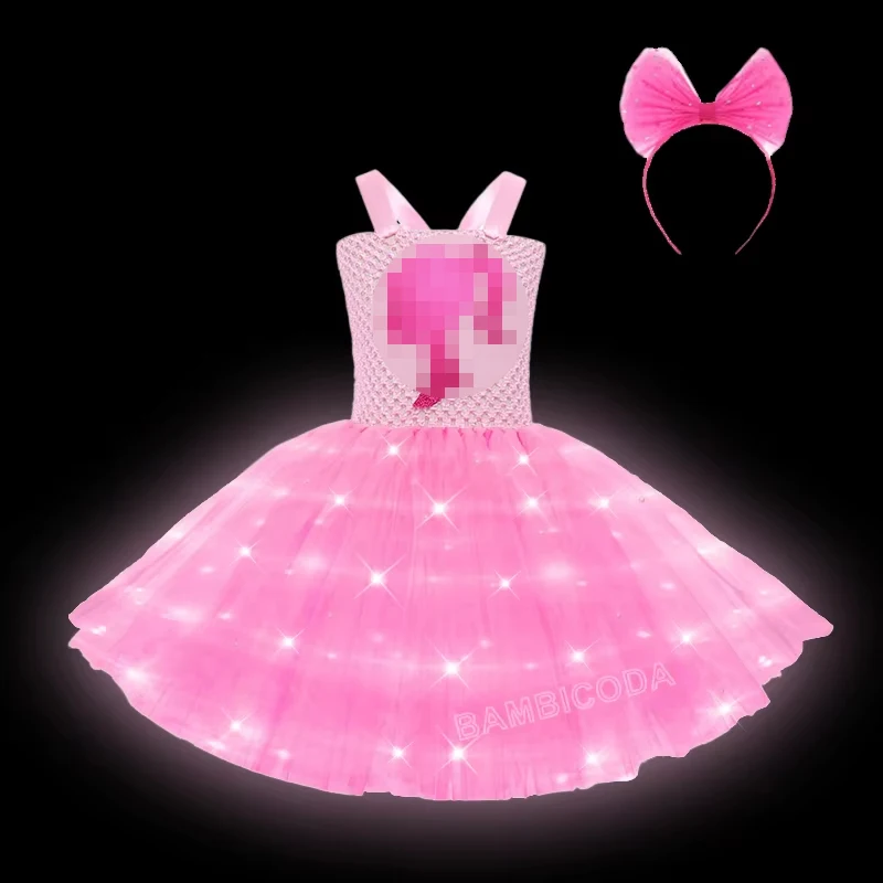 Led Lights Pink B-b Costumes for Girls Sparkly Princess Ballet Tutus Dresses Outfit with Glasses Bag Holiday Clothes 3-12Y