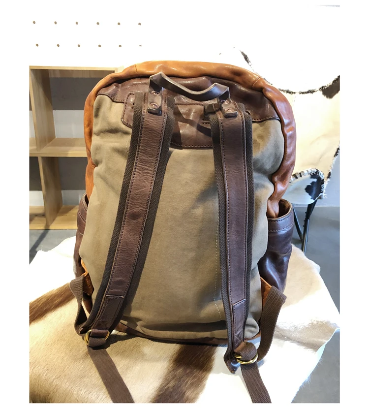 Handmade thick leather Men backpack large-capacity outdoor travel backpacks laptop bag retro Brown Coffee leather shoulder bags