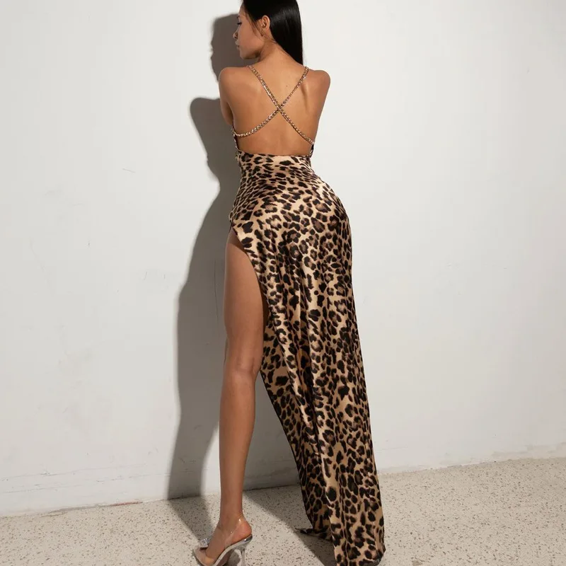 

BKLD Woman Clothes 2024 Spring New Fashion Leopard Printed Dress Slim Backless Chain Spaghetti Strap Bodycon Long Dress