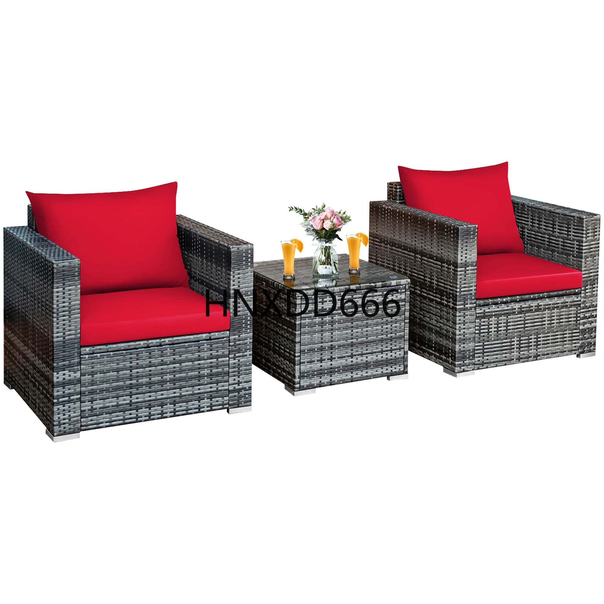 

3 PC Patio Rattan Furniture Bistro Set Cushioned Sofa Chair Table Red