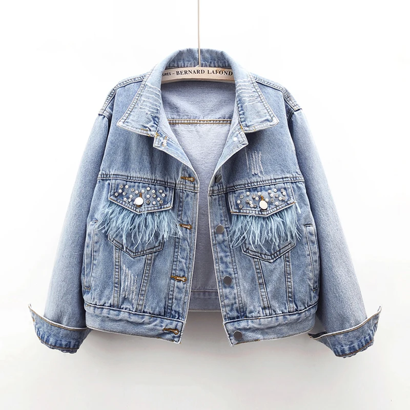 

2024 Spring Autumn New Fashion Denim Coat Women Beading Feather Decorated Long Sleeve Short Vintage Loose Cowboy Jacket Tops