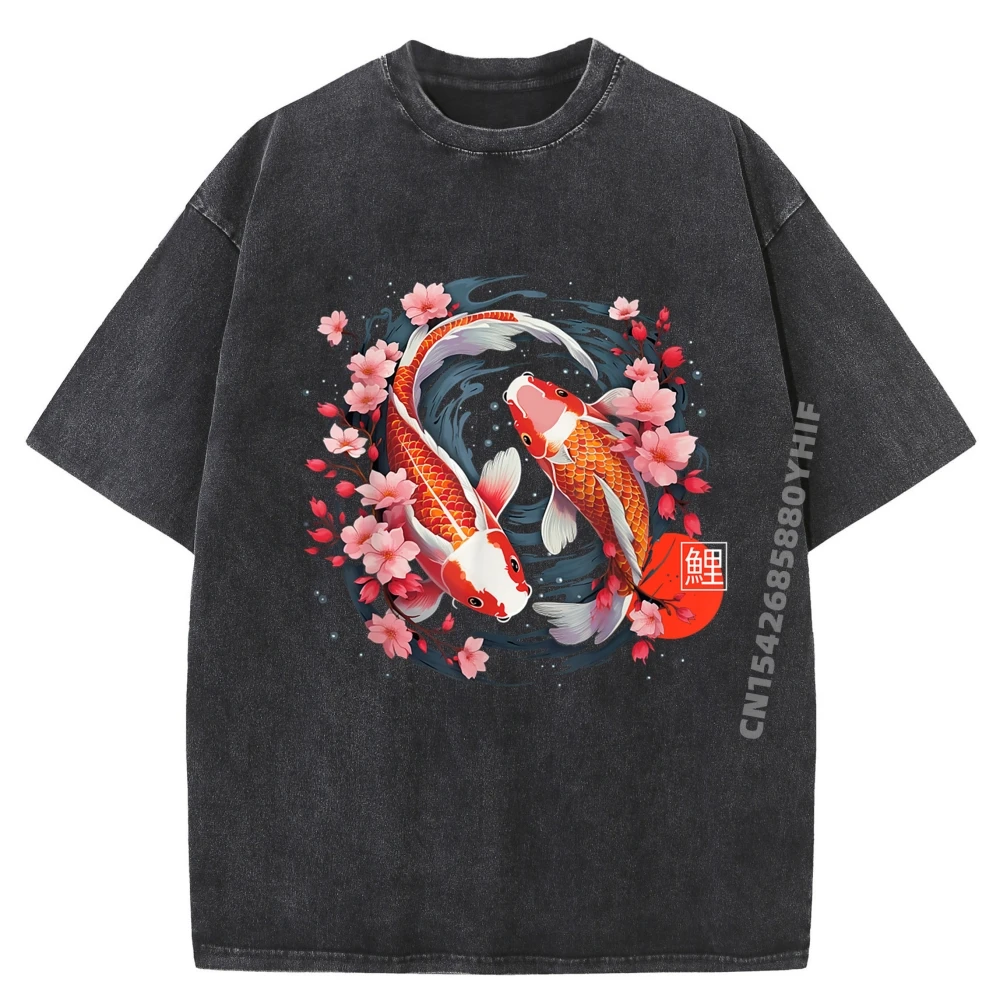 

Latest Washed Tops Japanese Koi Carp Fish Lover Cherry Blossom Sakura Flower Grpahic Tee Mens Funny Printed T-shirts