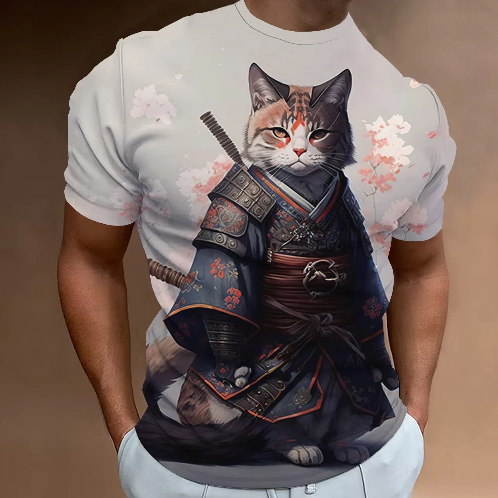 New Retro Men\'s T-Shirt 3d Samurai Cat Print Short Sleeve T-Shirt For Men Fashion Oversized Man Clothes Quick Dry Tees Tops 2024