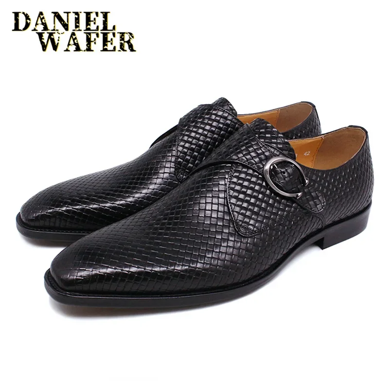 Luxury Men's Genuine Leather Loafers Slip-On Monk Strap Shoes - Casual Office Business Wedding Mix Color Black - view 4
