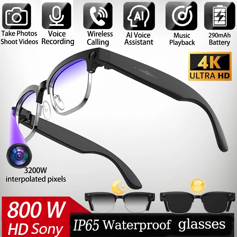 

4K Smart AI Glasses 8MP Camera Recording Videos Photo Recognition Answer Translation BT Call Photochromic Sunglasses Waterproof