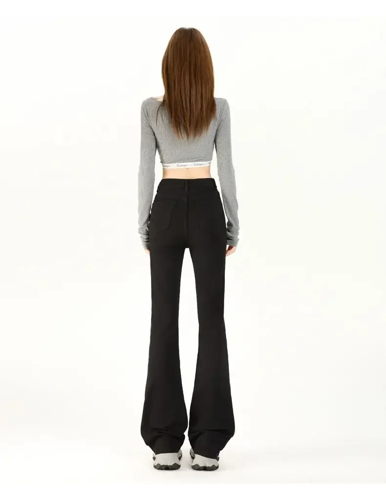 جينز نسائي Y2k جينز أسود متوهج بنطلون رقيق مبطن بالصوف 2025 جديد عتيق عالي الخصر واسع الساق موضة غير رسمية