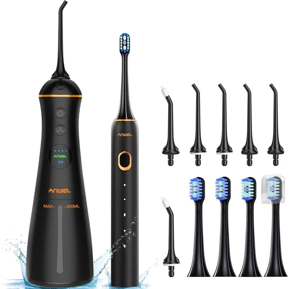 

2-in-1 Dental Water Flosser and Electric Toothbrush Set, 300ml Irrigator, 6 Tips, 4 Brushes, Waterproof Teeth and Gums Cleaning