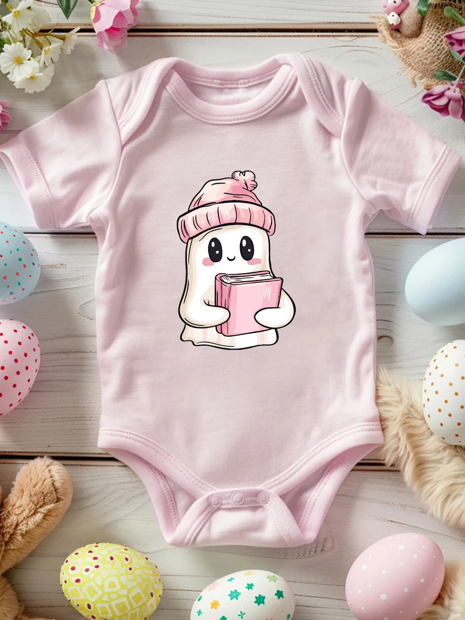 

Cute Ghost Holding A Book Unisex Baby Crawling Suit, 100% Cotton Soft Onesie, All-Season Wear Pink Bodysuit 190GSM