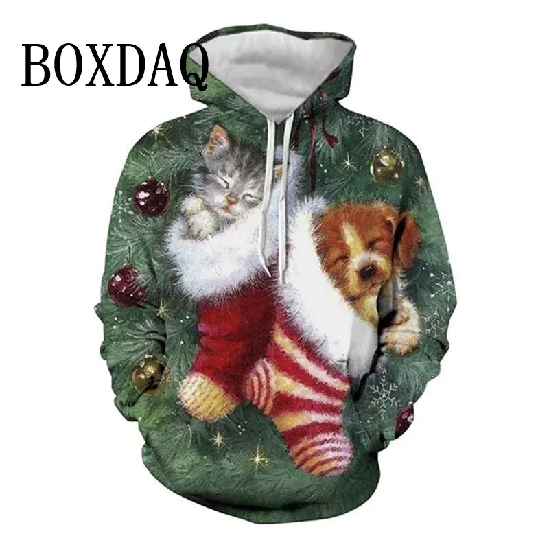 Christmas Cute Cat Women Hoodies 3D Printed Winter Hooded Hip Hop Casual Sweatshirts Hoodie Tops Fashion Loose Pockets New 2025