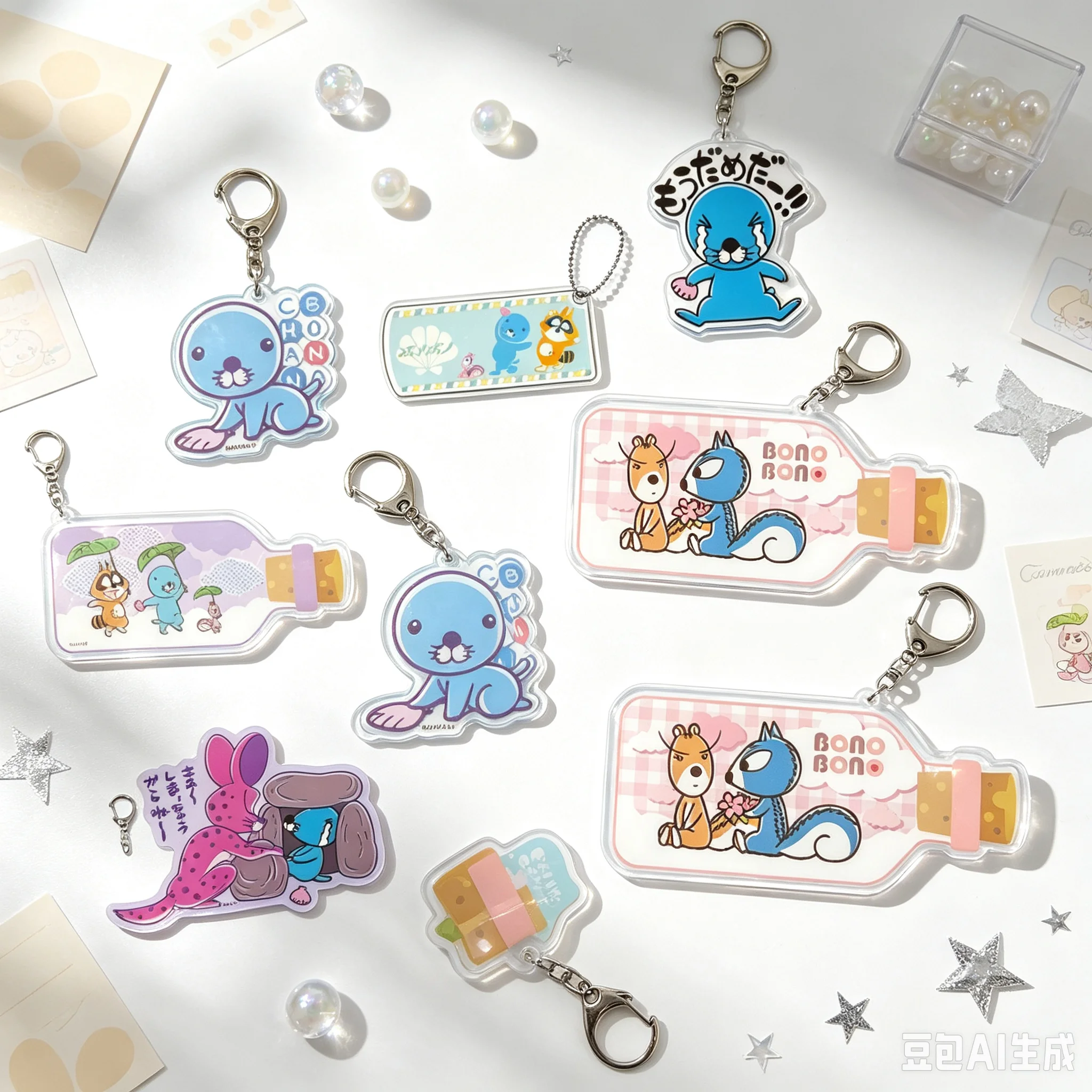Lovely Products 2026 Bonobono Anime6CM Acrylic Keychain Bag Pendant Chipmunk Raccoon Fishing Cat Bag Acrylic KeyRing Fans Gifts