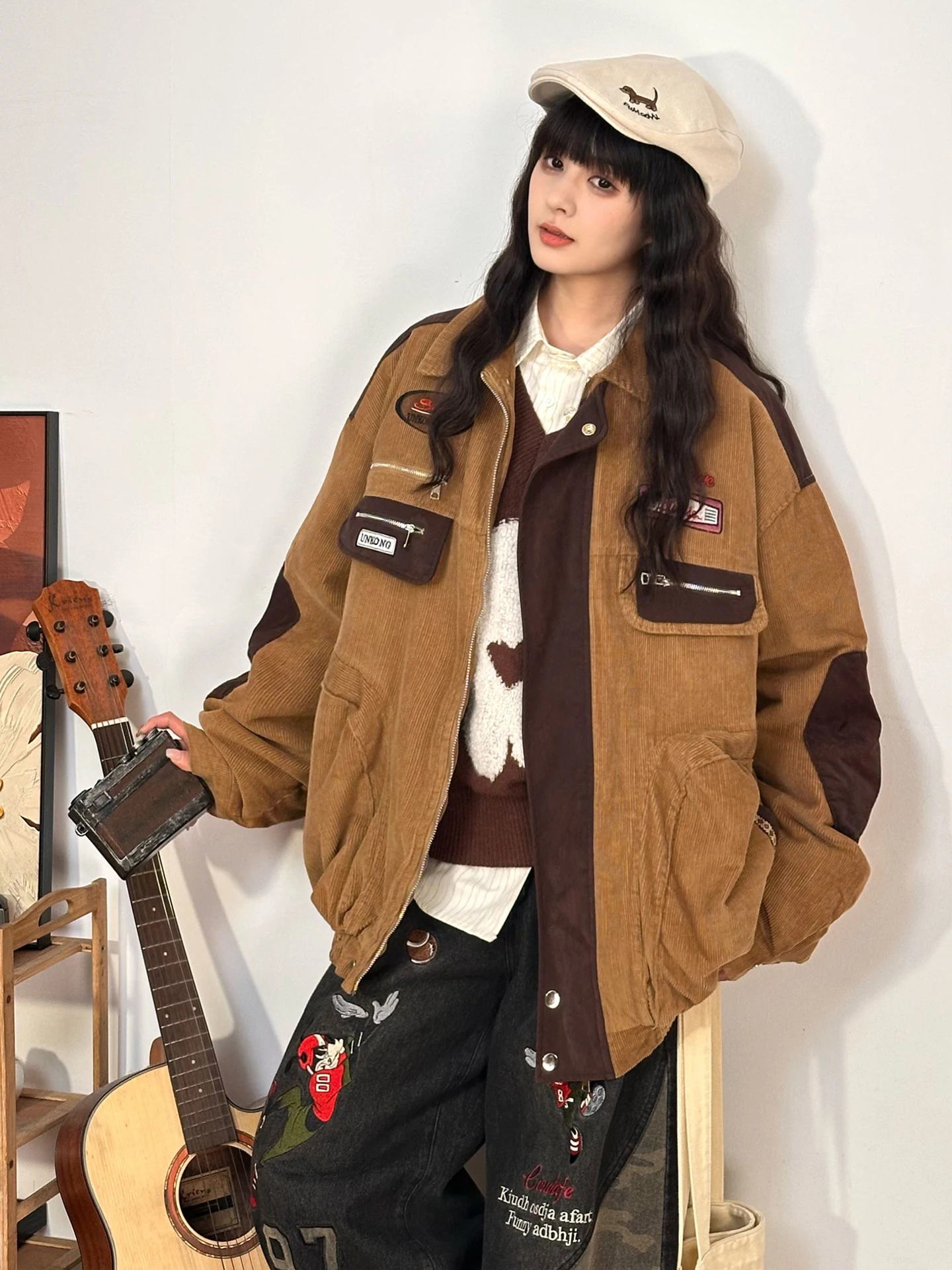 

Original American Retro Corduroy Jaet Thiened Loose Women's Cotton Coat Trendy Streetwear Sle Zipper Closure Long Sve