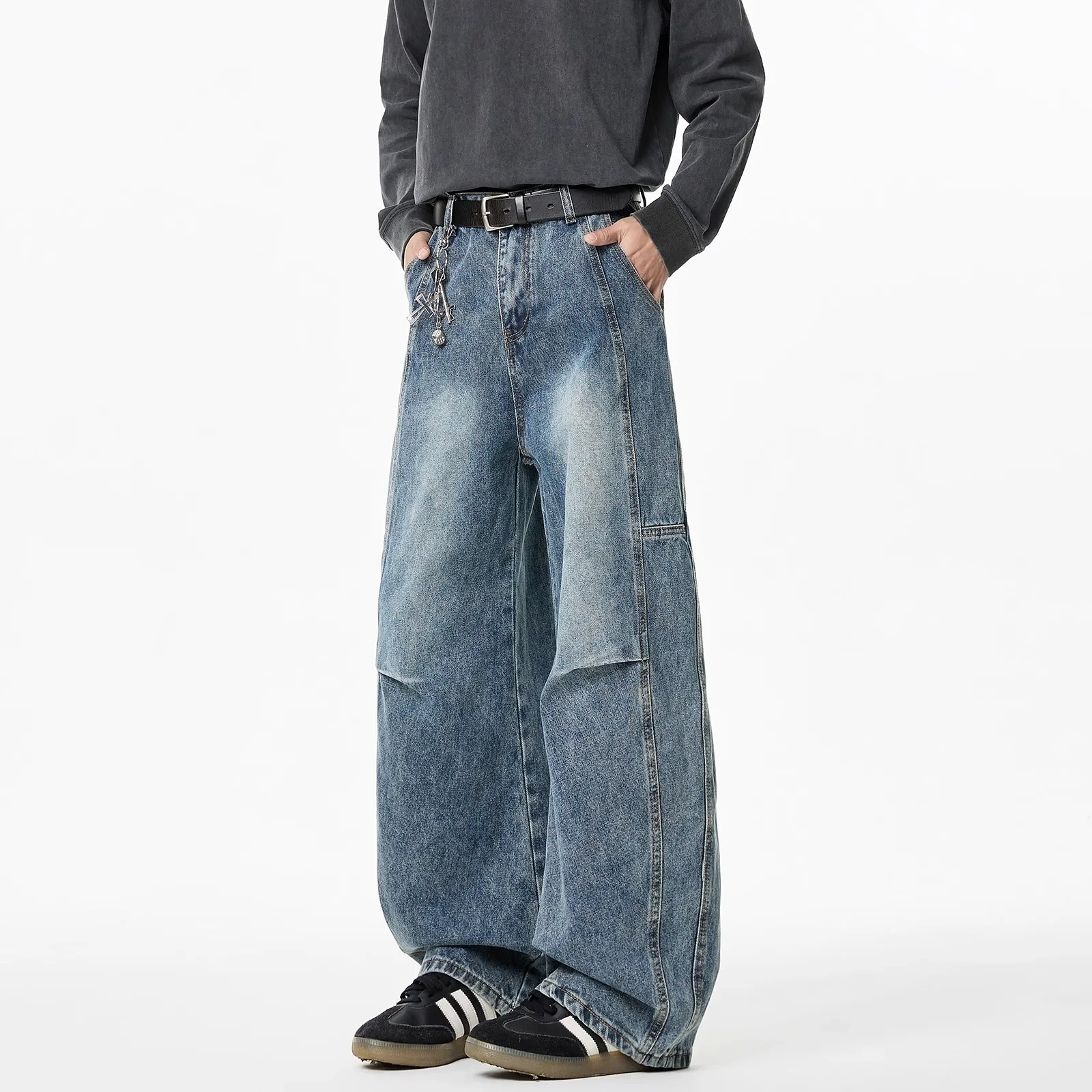 2025 Autumn High Street Men's Denim Pants Trousers Washed Deconstructed Patchwork Straight Leg Loose Curved Blade Wide Leg Pants