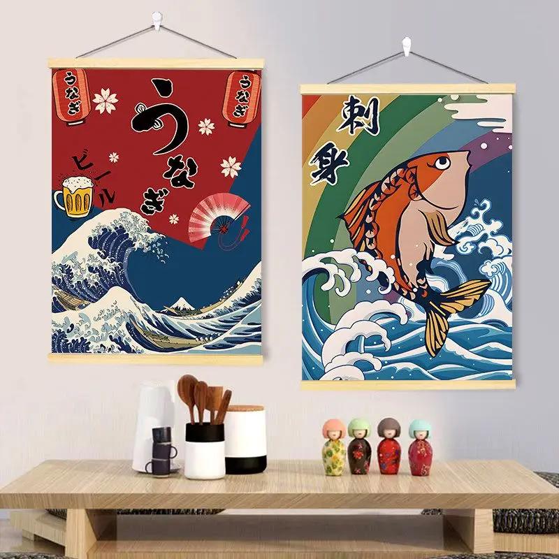 VIKAMA Japanese Sushi Koi Fish Wooden Hanger Tapestry Vintage Ukiyo e Food Poster Wall Hanging Izakaya Restaurant Bar Wall Decor
