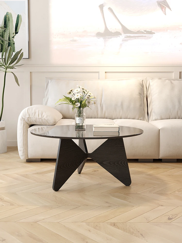 Customized modern and simple solid wood black tea table, tempered glass circular tea table,  sofa tea table