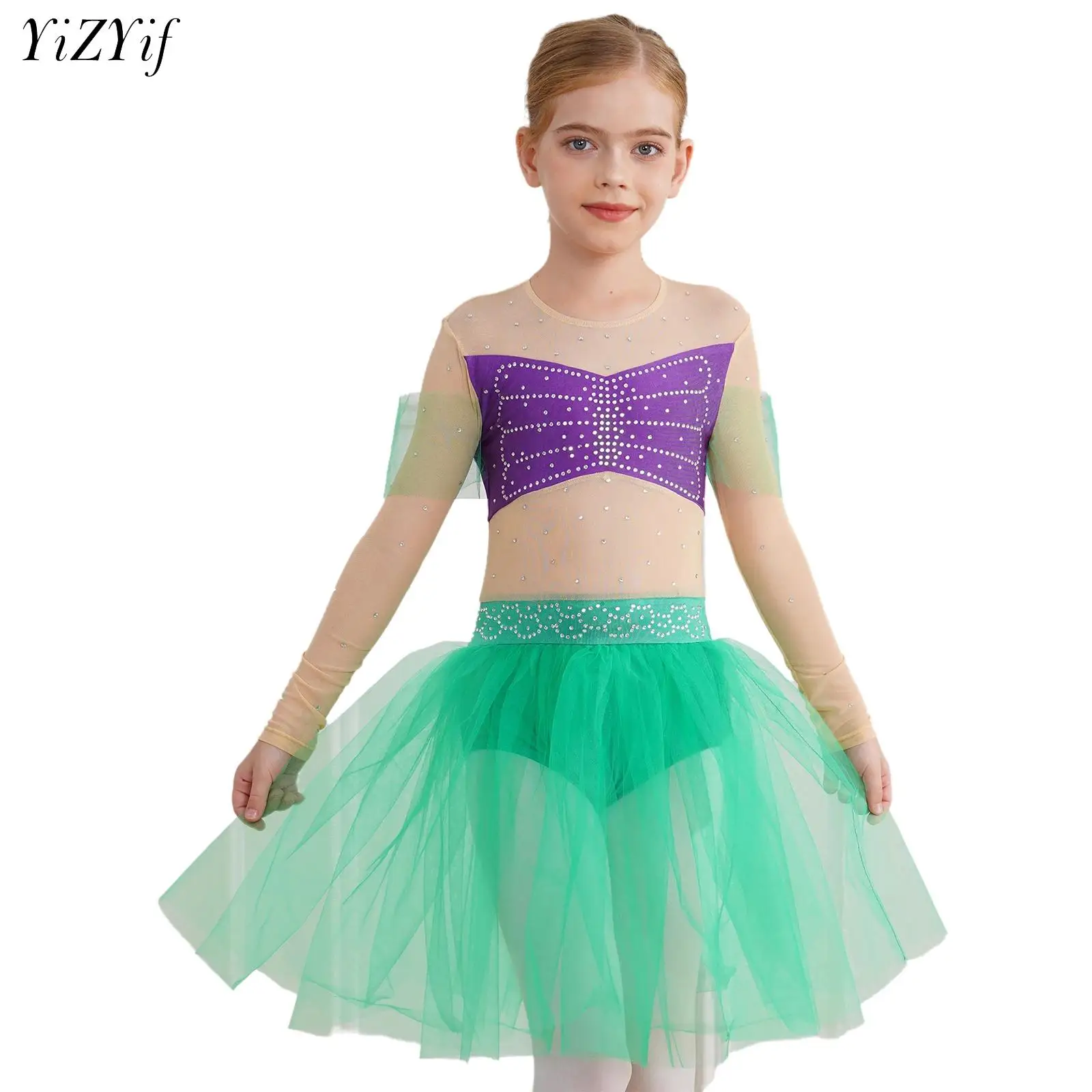 

Kids Girls Shiny Sequins Tutu Dress Ballet Mermaid Princess Dance Costume Ballerina Ballroom Long Sleeve Performance Dancewear