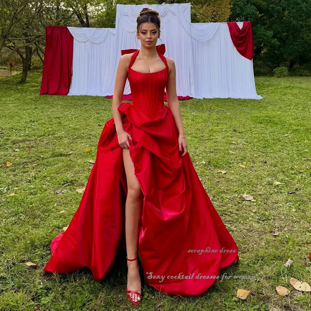 Cetim personalizado halter vestidos de noite alta divisão noite fora vestido de baile espartilho longo vestido de baile com alças vestidos de cocktail formais