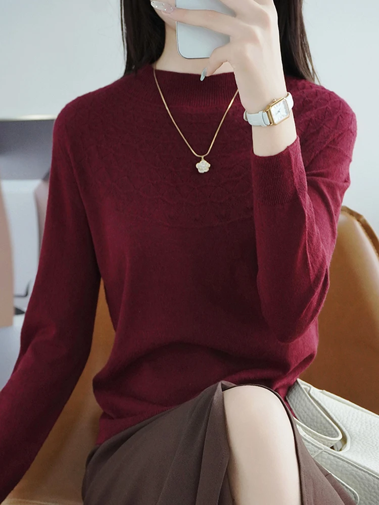 

Loose Women's Knitted Base irt Hollow out Mid-Ne Red Sweater Casual Sle Autumn Winter Outerwear Soft Fabric round Ne