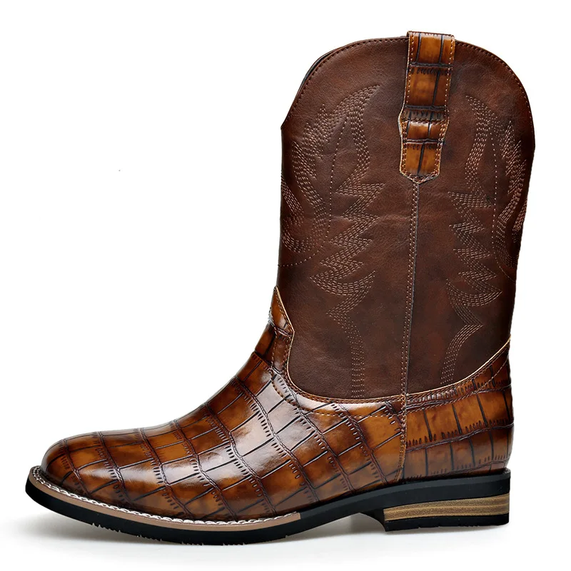 High Quality Fashion Leather Cowboy Boots for Men Autumn New Designer Stone Pattern Chelsea Boots Male Retro Designer Shoes Man