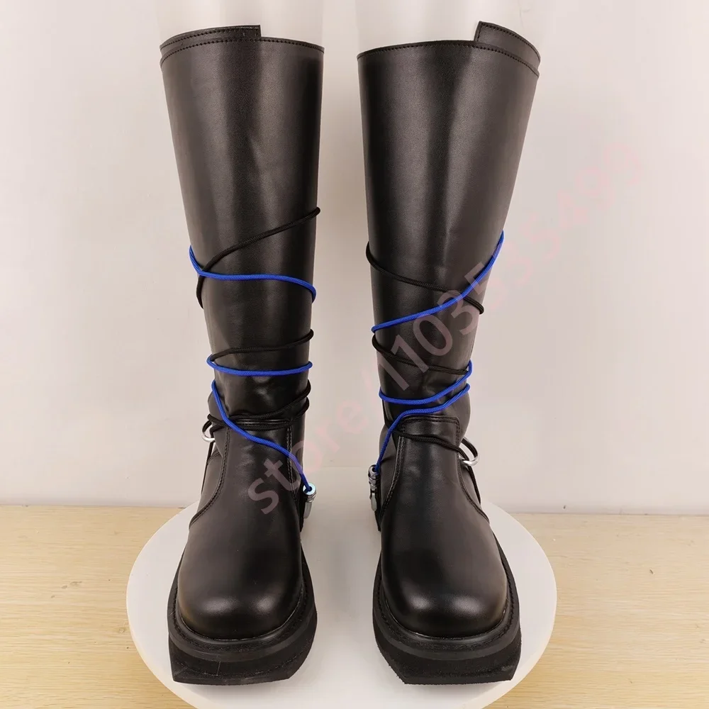 

Black Round-Toe Rope-Wrapped Riding Boots Long Casual Outdoor Chunky Heel Western Boots Retro Style Fall Collection Sizes 35-50